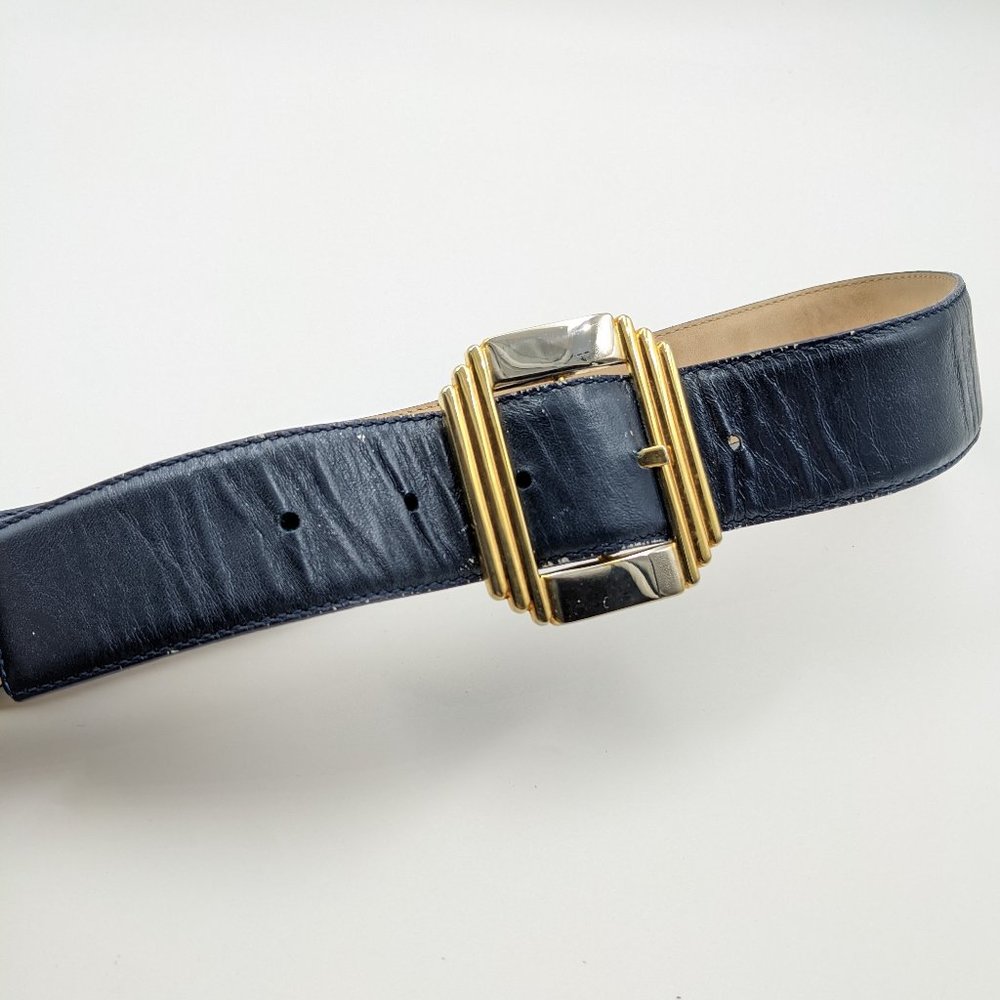 80s Signed Navy Blue Belt w/ Two Tone Buckle